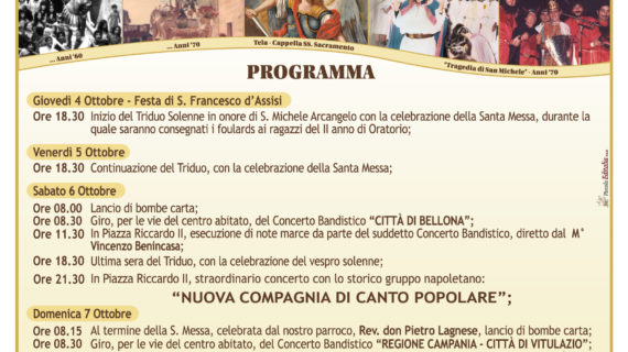 Reso pubblico il programma della festa che si terrà a Vitulazio in onore di San Michele Arcangelo