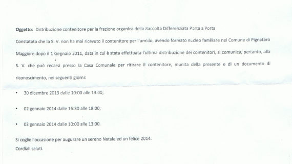 In distribuzione i contenitori per la frazione umida tra dicembre e gennaio