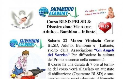 Sabato 22 marzo si svolgerà il corso BLSD – PBLSD a Vitulazio. Sette ore con “Gli Angeli del Sorriso”