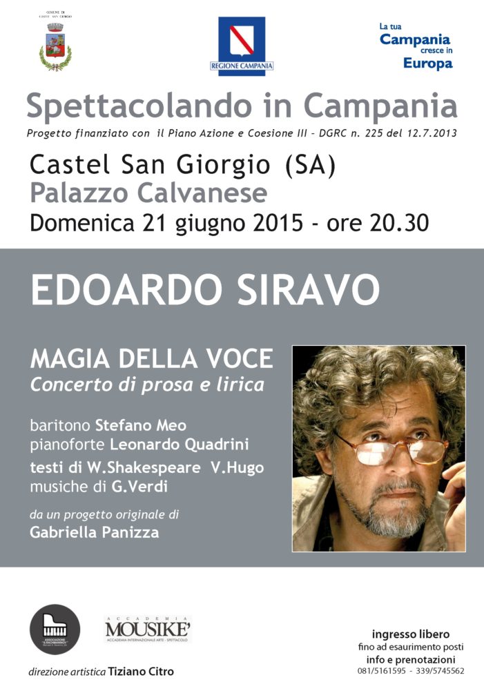 Spettacolando in Campania, la ‘Magia della Voce’ di Edoardo Siravo domenica 21 giugno a Palazzo Calvanese di Castel San Giorgio