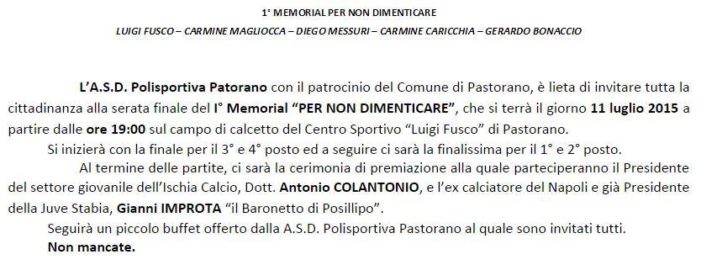 I memorial “Per non dimenticare”: domani (11 luglio) la manifestazione patrocinata dal Comune di Pastorano