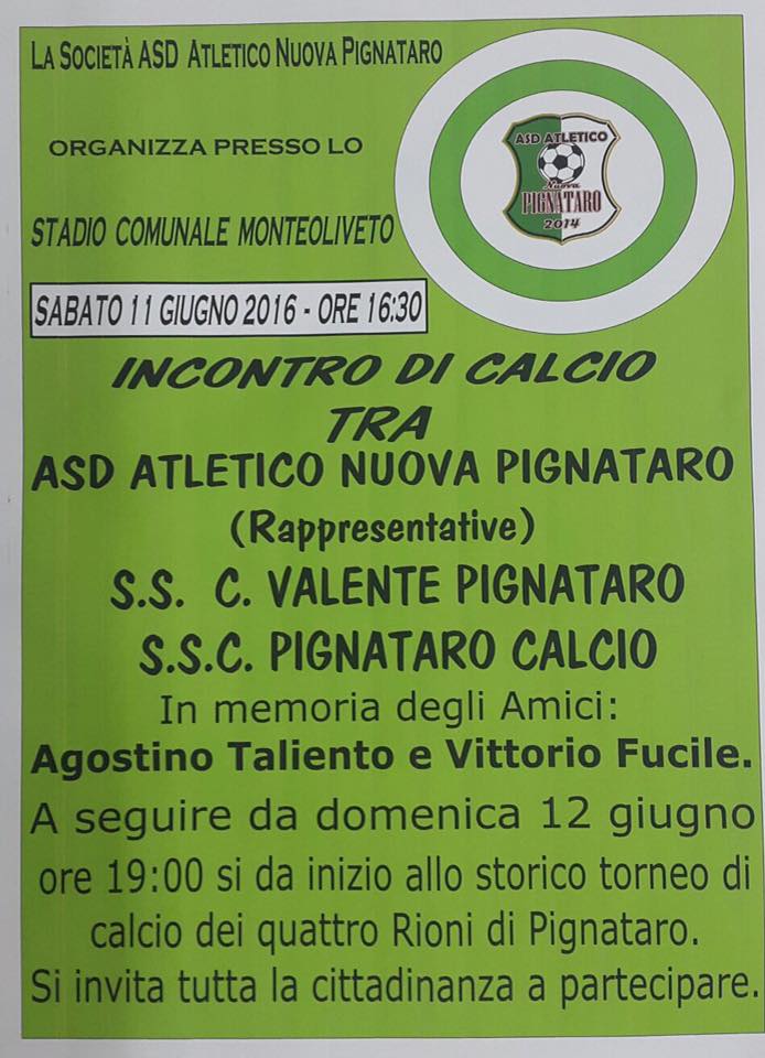 “Memorial Agostino Taliento e Vittorio Fucile” sabato 11 giugno presso il campo sportivo di Monteoliveto