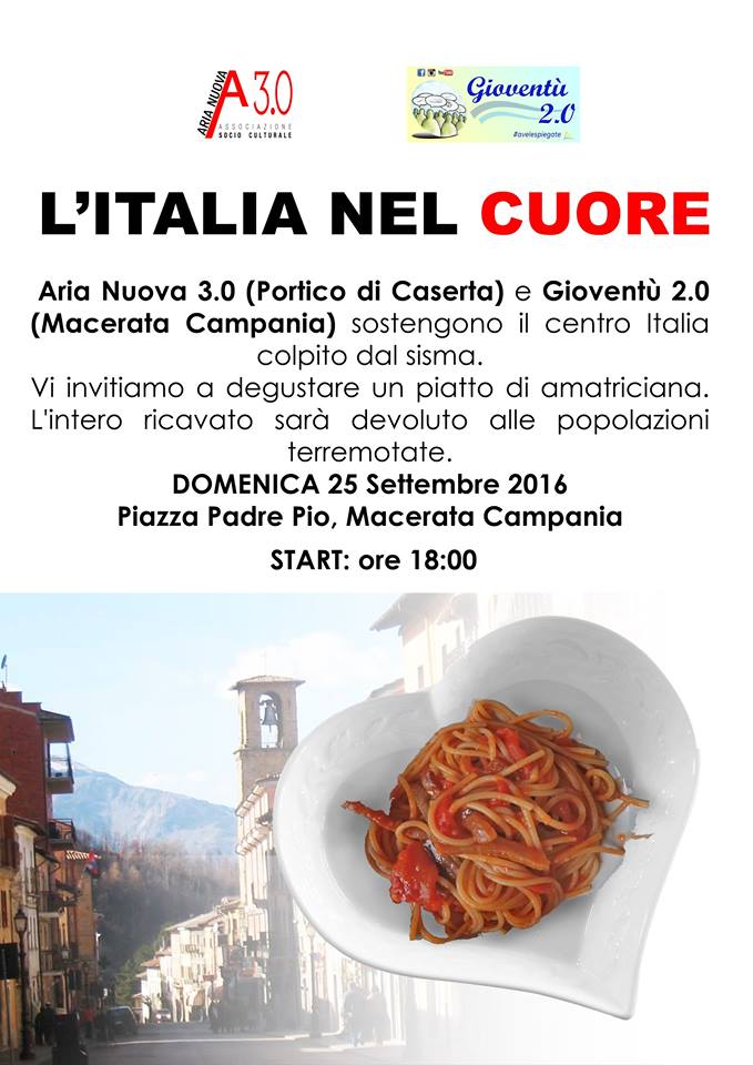 “L’Italia nel cuore”. Domenica 25 settembre Portico di Caserta e Macerata Campania unite a favore delle popolazioni terremotate