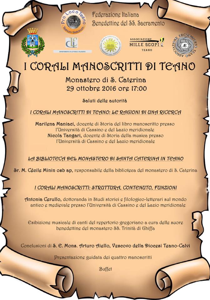 Riflettori puntati sui ‘corali manoscritti di Teano’. A fine ottobre convegno in città