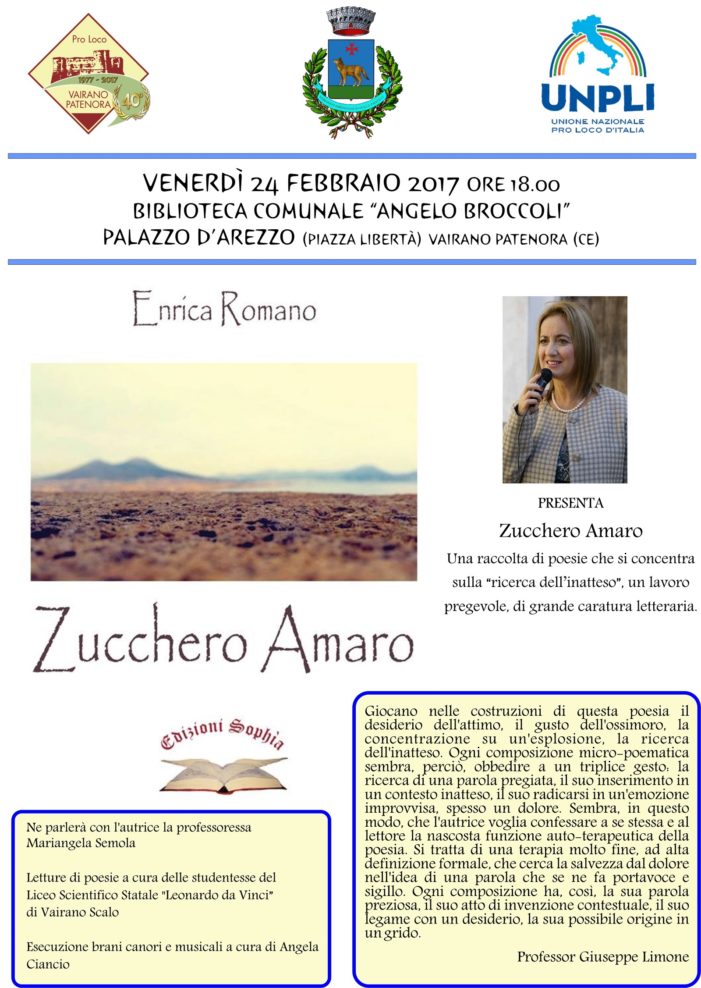 Venerdì 24 febbraio sarà presentato il libro “Zucchero Amaro” a Vairano Patenora