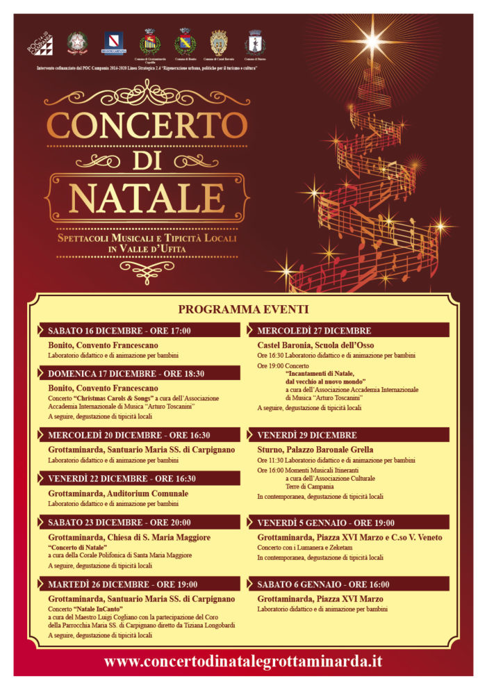 “Concerto di Natale” di Grottaminarda. Coinvolti nell’iniziativa con concerti, degustazioni e attività per i più giovani, anche i comuni di Bonito, Castel Baronia e Sturno.