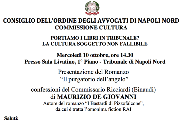 Il 10 Ottobre, presso la Sala Livatino del Tribunale di Napoli Nord, la presentazione del libro “Il Purgatorio dell’angelo”