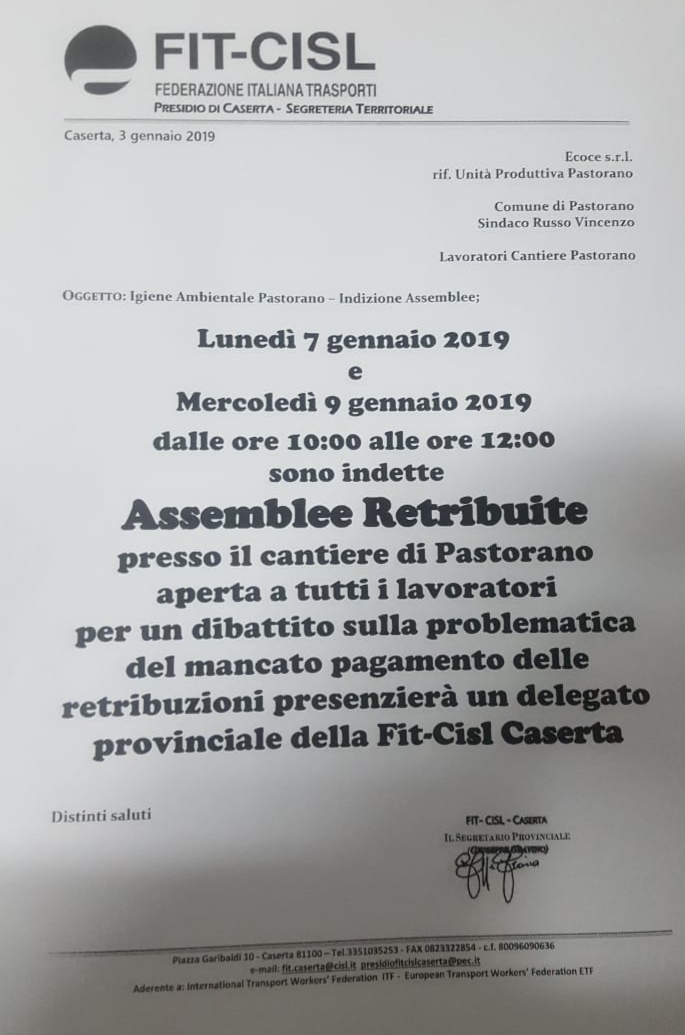 Pastorano, gli operatori ecologici saranno in assemblea il 7 e il 9 gennaio. Ci sarà l’opposizione