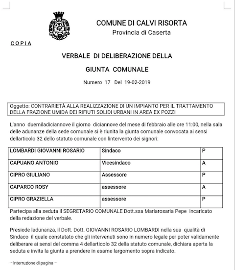 Calvi Risorta, la Giunta vota una delibera di contrarietà agli impianti per i rifiuti nell’area ex Pozzi