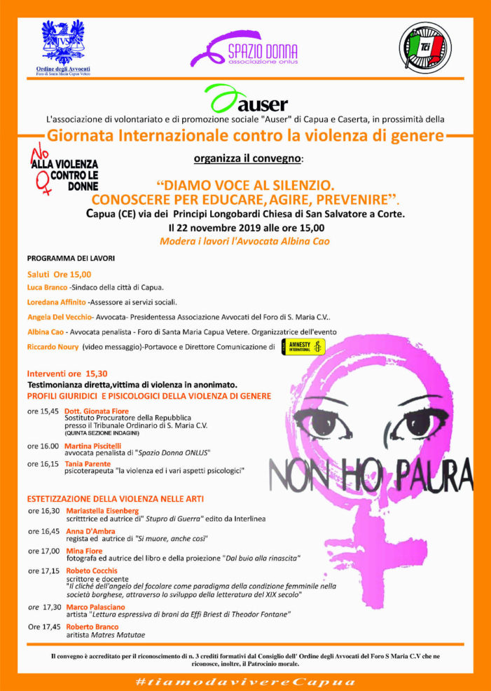 “Diamo voce al silenzio. Conoscere per educare, agire, prevenire”. Convegno in occasione della giornata internazionale per la lotta contro la violenza sulle donne il 22 novembre 2019, ore 15.00. Modera Albina Cao