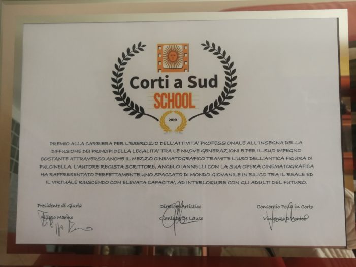 Al Festival “Corti a Sud “ premiato il regista e scrittore Angelo Iannelli. “Legalità  in corto per le scuole  di primo e secondo grado”