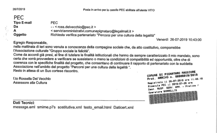 La pec-bomba dell’assessore Rossella Del Vecchio che ha bloccato la manovra del sindaco Giorgio Magliocca e dell’associazione della moglie di Gaetano Lubrano – Pubblichiamo l’esplosivo documento che ha dato origine alla richiesta di informazioni antimafia sul “gruppo sociale La Felicità”