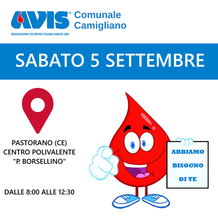 L’Avis organizza la raccolta del sangue: l’appuntamento è il 5 settembre a Pastorano